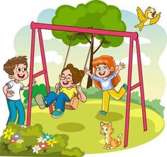 three children playing on a swing set with a dog and bird in the background illustration