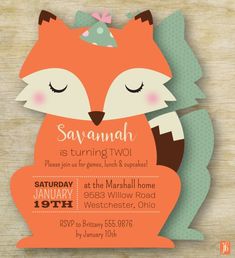 an orange fox birthday party card with the words savannah is turning two on it's face