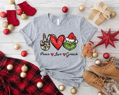 Peace Love Grinch Christmas T-shirt, Peace Love Shirt, Grinchmas Tee, Cute Christmas Grinch Shirt, Family Christmas Shirt, Xmas Holiday Gift HOW TO ORDER T-SHIRT 1. Please go through each photo. 2. Select your size using the drop-down option, then put one shirt at a time into your cart. 3. Choose the color of your shirt from Drop-down 2, which is the shirt color. 4. Please add your text on to the personalization box if it's a personalize design 5. If you order multiples, your shipping will automatically combine. 6. After the correct color and quantity have been added, check out all at once. 7- At last, it will take 1-3 business days for your custom shirt to be shipped. The handling times may change on holidays. PRODUCT INFORMATION Solid colors such as black, white and pink are 100% cotton. Family Grinch Shirts, Grinch Christmas Shirts, Grinch T Shirt, Grinch Shirt, Grinch Shirts, Christmas Grinch, Family Christmas Shirts, Grinch Christmas, Xmas Holidays