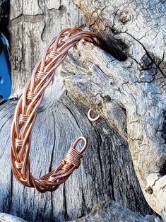 a wire wrapped bracelet sitting on top of a piece of driftwood next to a tree