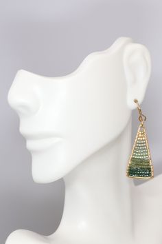 Lightweight boho earrings in lush shades of green and gold hand beaded in an ombre effect from deep green to avocado to olive. Created with premium delica seed beads strung inside a golden brass triangle. Colorful, bright and eye catching . 1.75 inches long5/8 inch wideAll of our items ship boxed and ready to gift.Ships in 3-5 business days. Bohemian Green Earrings With Gold Beads, Green Drop Earrings With Gold Beads, Green Gold Beaded Drop Earrings, Green Bohemian Beaded Brass Earrings, Adjustable Handwoven Green Beaded Earrings, Green Handwoven Summer Earrings, Triangle Beaded Earrings, Gold Triangle, Gold Hand