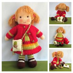 the doll is wearing a red coat and green pants, holding a white purse with two brown legs