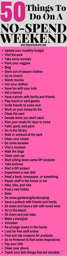 a pink poster with the words 50 things to do on a no - spend weekend