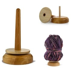 three balls of yarn and a wooden spinning on a white background with text overlay