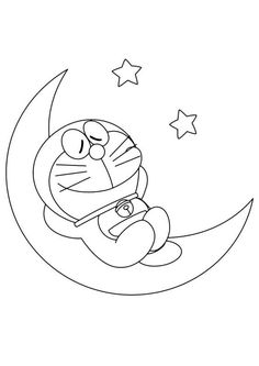 a cartoon cat sitting on the moon with stars in the sky behind it, outlined in black and white