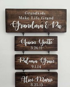 three wooden signs hanging on the wall with names and numbers in white ink, one saying grand