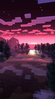 an image of a sunset in minecraft with trees and bushes on the ground at night