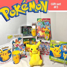 the pokemon gift set is on display in front of an advertisement for its toys and games