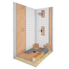 an open shower stall with the door opened to reveal a tiled wall and floor area