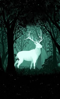 a white deer standing in the middle of a forest at night with stars on its antlers