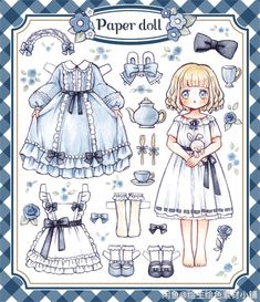 the paper doll is dressed in blue and white