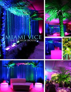 multiple images of the interior of a room decorated with palm trees and neon lights for a party