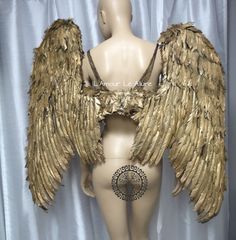 Wings Backpack, Angel Wings Cosplay, Wings Cosplay, Show Girl, Mermaid Bra, Burlesque Show, Burlesque Costume, Beaded Skirt, Gold Angel Wings