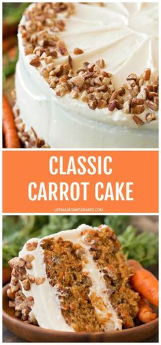 carrot cake with cream cheese frosting and pecans on top