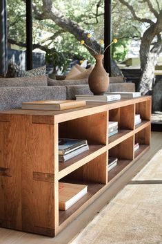 Texas Modern Interior, Console Table Bookshelf, Long Low Bookcase Diy, Living Room., Low Long Bookshelf, Low Bookcase Behind Sofa, Long Low Bookshelf, Low Corner Bookshelf, Interior Shelf Design