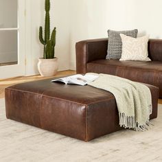 a brown leather ottoman sitting on top of a rug next to a green cactus in a living room