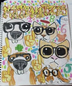 an open notebook with drawings of dogs wearing sunglasses