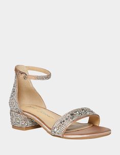 KIDS' MARI CHAMPAGNE – Betsey Johnson Sparkly Block Heels, Stable Block, Kids Heels, Short Heels, Rhinestone Heels, Champagne Color, Exercise For Kids, Formal Occasion, Low Heels