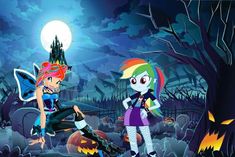 two cartoon characters dressed up as witches in front of a full moon and pumpkin patch