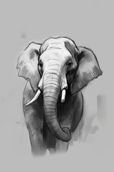 black and white drawing of an elephant with tusks on it's head