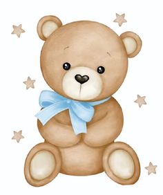 a brown teddy bear with a blue bow on its neck sitting in front of stars