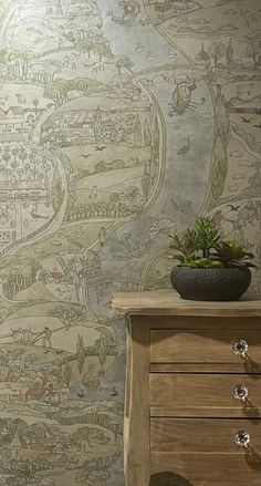 a room with a dresser and wallpaper that has a map on it, along with a potted plant