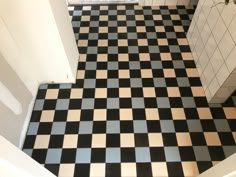 a black and white checkered floor in a bathroom next to a toilet paper dispenser