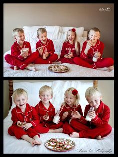 four children in red pajamas sitting on a bed eating pizza