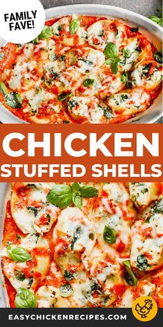 chicken stuffed shells in a white casserole dish with basil and cheese on top