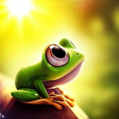 a green frog with big eyes sitting on top of a tree branch in front of the sun