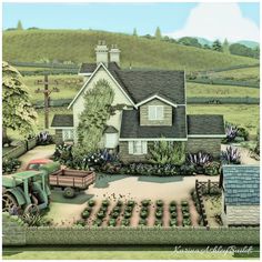 an artist's rendering of a farm house with a tractor in the front yard