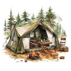 a drawing of a tent with a fire in the ground and picnic table set up next to it