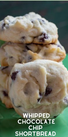 three chocolate chip shortbread cookies stacked on top of each other with text overlay