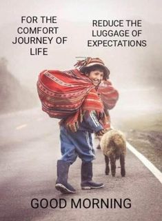 a man walking down the road with a sheep in front of him and an advertisement for good morning