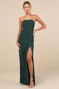 Ravishing Appeal Emerald 3D Floral Applique Strapless Maxi Dress Sorority Formal Dress Long, Sorority Formal Dress, Formal Dress Shops, Wedding Attire Guest, Strapless Maxi, Straight Neckline, Strapless Maxi Dress, Guest Dress, Dress Gown