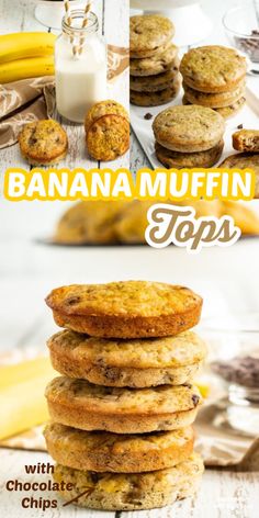 banana muffin pops with chocolate chip cookies on top and bananas in the background text overlay reads, banana muffin pops