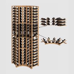 a wooden wine rack filled with lots of bottles