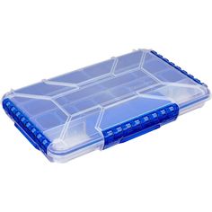 a blue plastic storage box with compartments