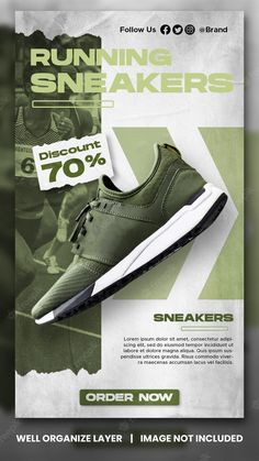 an advertisement for running sneakers is shown in this advertisement, with the image of a green sneaker