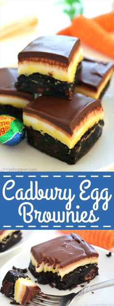 caddery egg brownies are stacked on top of each other and ready to be eaten