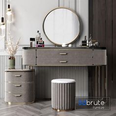 an elegant dressing table with mirror, stool and round mirror on the wall above it