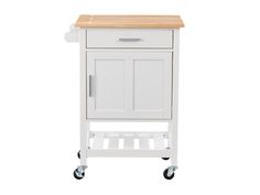 White kitchen cart with wheels, wooden top, storage shelves, and drawers for versatile kitchen organization. White Kitchen Cart, Maximize Kitchen Space, Compact Kitchens, Kitchen Carts On Wheels, Cart On Wheels, Mobile Cart, Workspace Desk, Kitchen Necessities, Patio Storage