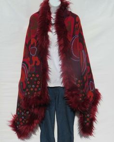 Unique Himalayan Yak/Sheep Wool Blend & Faux Fur Cape/Shawl/Wrap !!!…Ideal Unique Handcrafted gift for you, family, your friends and co-workers…!!! Handloomed/Handcrafted by Artisans Hand Embroidery Stitched Accents that Emphasize the Patterns in the Shawl Design,  Boiled Himalayan Yak/Sheep Wool Blend Shawl Handmade in Nepal Dominate Shades of Red + Orange Faux Fur Tribal Design and Pattern A solid color Yak & Sheep Wool Blend of yarns hand loomed shawl in Nepal is handcrafted by a tribal famil Shawl Design, Faux Fur Cape, Cape Wrap, Cape Shawl, Fur Cape, Hand Embroidery Stitches, Hand Crafted Gifts, Hand Loom, Sheep Wool