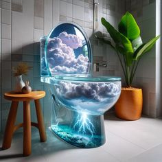 a toilet that is sitting in the middle of a room with clouds and lightning coming out of it