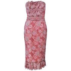 This Elizabeth Mason Couture cocktail dress is fashioned from the finest pink and metallic lace. Its chic design features scalloped edging and a beautiful fanned bust. The interior is fully boned and lined with silk and comes with a matching belt and silk wrap. It is custom made in Beverly Hills. This is a couture custom order. Please allow for a 60 day lead time from measurements, fabric selection, patterning, toile fitting, to final product. The dress shown is a sample size 2. The sample is no Cocktail Dress Classy Evening, 1950s Clothes, Blue Velvet Gown, Princess Boutique, Lace Cocktail Dress, Wool Mini Skirt, Embellished Gown, Pink Metallic, Red Lace Dress