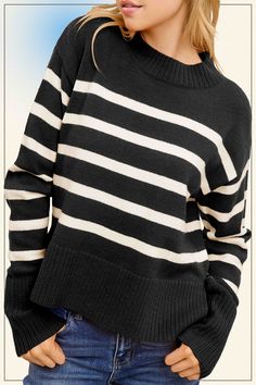 Wrap yourself in comfort and style with our Holloway Striped Mock neck Loose Fit Sweater. This sweater features a cozy mock neck and a loose fit, providing both warmth and a flattering silhouette. The classic striped design adds a touch of sophistication to any outfit. Stay warm and fashionable all season long! Casual Soft Knit Turtleneck With Funnel Neck, Winter High Neck Knit Mock Neck Top, Winter Knit Mock Neck Top, Winter Knit High Neck Mock Neck Top, Casual Mock Neck Knit Top For Fall, Casual Knit Mock Neck Top For Fall, Fall Mock Neck Top For Layering, Casual Funnel Neck Knit Turtleneck, Casual Knit Funnel Neck Turtleneck