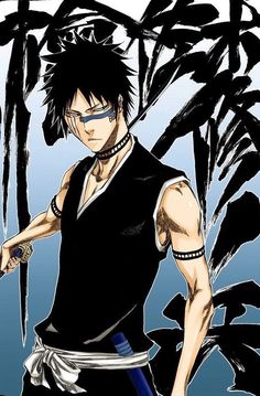 an anime character with black hair and blue eyes holding two swords in his hands while standing next to palm trees