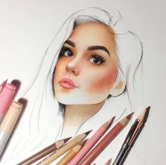 a drawing of a woman's face surrounded by pencils and crayons