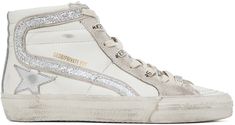 Handcrafted high-top buffed leather and suede sneakers in white. · Smudging throughout · Logo-printed lace-up closure · Text printed at tongue · Padded collar · Gold-tone logo stamp at outer side · Signature star appliqué at outer side · Glittered appliqué at outer side · Zip closure at inner side · Grained leather and terrycloth lining · Treaded rubber sole Available exclusively at SSENSE. Supplier color: Iridisent glitter Golden Goose Sneakers High Tops, Luxury White High-top Sneakers With Vulcanized Sole, Leather High-top Sneakers With White Laces, Chloe 2024, White Slides, Glitter Sneakers, Golden Goose Sneakers, Suede Fashion, Golden Goose Shoes