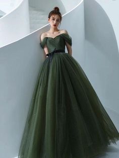 Off the Shoulder Dark Green Tulle Long Prom Dresses #promdress #promdresses #greenpromdress #offtheshoulderdress #formaldress #eveningdress #tulledress Prom Dress Green, Off Shoulder Tulle, Off Shoulder Ball Gown, Green Formal Dresses, Green Tulle, A Line Prom Dresses, Green Prom Dress, Party Dress Long, Evening Party Dress